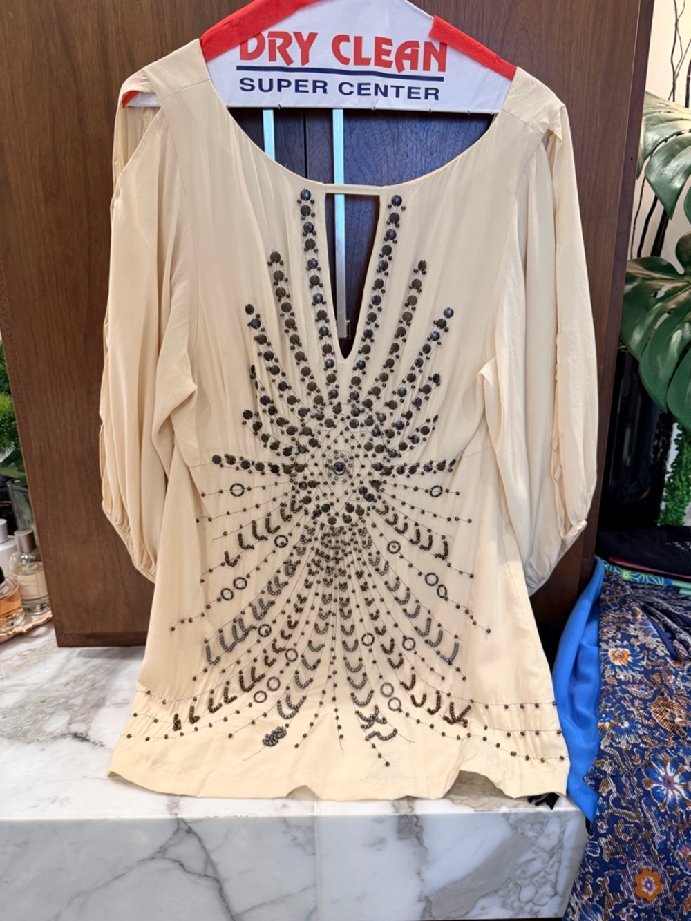 Nanette Lepore Cream Tunic with Black Beaded Sunburst Detail